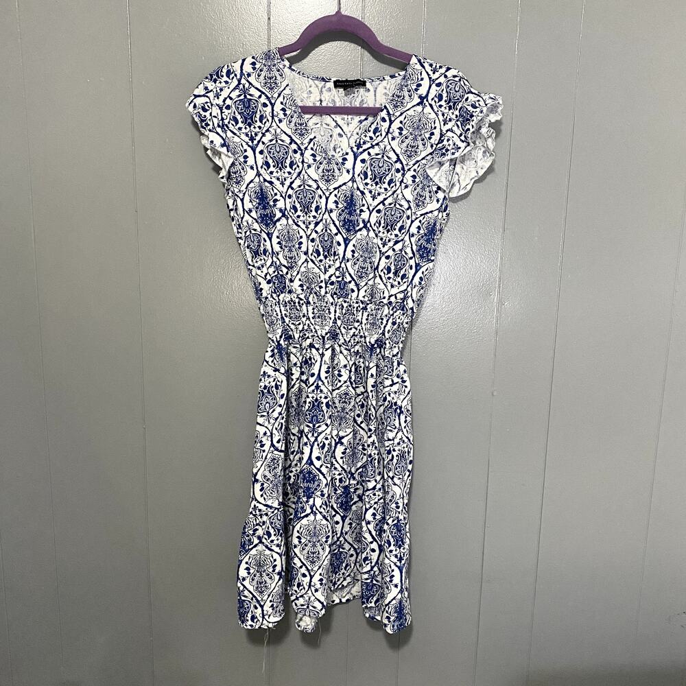 Saks Fifth Avenue Blue Printed Linen Smocked A-line Summer Mini Dress M